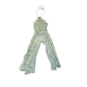 Earthbound Trading‎ Co Jumpsuit Green Embroidered Halter Tassel Split Leg Boho M